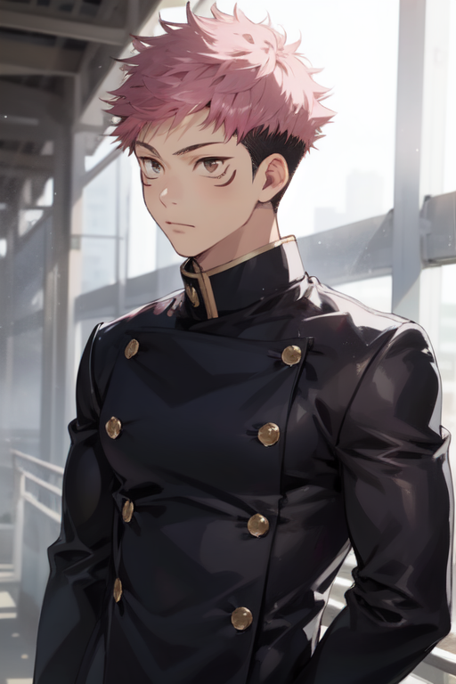 itadori yuuji,1boy,solo,male focus,pink hair,spiked hair,short hair,undercut,facial mark,brown  (6).png